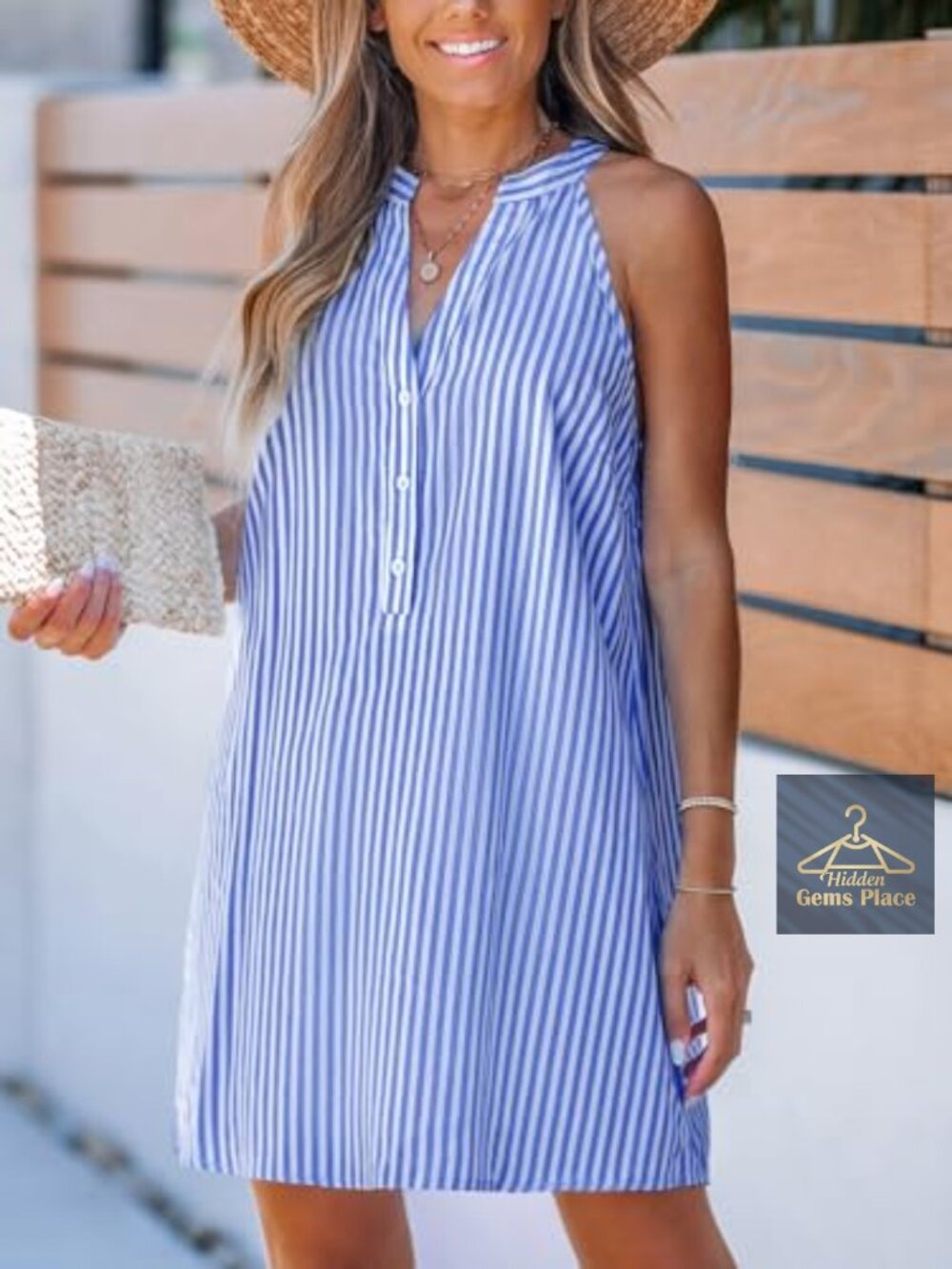 Sleeveless V-Neck Striped Mini Dress, Casual Summer Coverup, Relaxed Fit - Picture 4 of 7